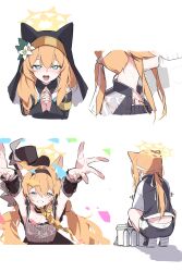 1girl absurdres animal_ear_fluff animal_ear_headwear animal_ears black_dress black_hairband black_hat black_jacket black_shorts blue_archive bottle collarbone dress drinking extra_ears fake_animal_ears flower fox_ears green_eyes gym_shorts gym_uniform hair_flower hair_ornament hairband halo hands_up hashtag-only_commentary hat heart heart-shaped_pupils highres jacket long_hair long_sleeves looking_at_viewer mari_(blue_archive) mari_(idol)_(blue_archive) mari_(track)_(blue_archive) mmhomm multiple_views nun official_alternate_costume official_alternate_hairstyle open_mouth orange_hair orange_halo own_hands_together panties panty_peek ponytail reaching reaching_towards_viewer saliva shadow shorts sweat symbol-shaped_pupils underwear water_bottle wet wet_clothes wet_jacket white_background white_panties