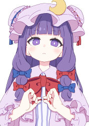 1girl absurdres blue_bow blue_ribbon blunt_bangs blush bow bowtie bright_pupils bun_cover closed_mouth commentary_request crescent crescent_hat_ornament double_bun dress hair_bow hair_bun hat hat_ornament hat_ribbon highres kame_(kamepan44231) long_hair looking_at_viewer mob_cap patchouli_knowledge pink_hat purple_eyes purple_hair red_bow red_bowtie red_ribbon ribbon robe sidelocks simple_background solo striped_clothes striped_dress touhou upper_body white_background white_dress
