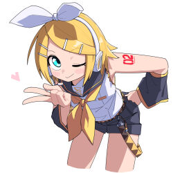 1girl aqua_eyes arm_tattoo black_sailor_collar black_shorts black_sleeves blonde_hair commentary_request cropped_legs hair_ornament hairclip hand_on_own_hip headphones headset heart highres kagamine_rin leaning_forward looking_at_viewer neckerchief one_eye_closed sailor_collar shirt short_hair short_shorts shorts simple_background sleeveless sleeveless_shirt smile solo tattoo v vocaloid white_background yachima_tana yellow_neckerchief