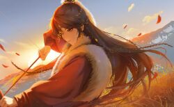 Rule 34 | 1girl, a chan (code: kite), absurdres, arrow (projectile), black hair, blue gemstone, bow (weapon), chinese clothes, chinese commentary, code: kite, drawing bow, dry grass, earrings, from side, fur scarf, gem, grass, grey eyes, hair ribbon, headband, heibai bangbing, highres, holding, holding arrow, holding bow (weapon), holding weapon, jewelry, long hair, long sleeves, mountain, outdoors, petals, puffy long sleeves, puffy sleeves, ribbon, scarf, solo, sunset, tress ribbon, upper body, very long hair, weapon, white scarf