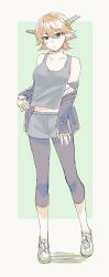 Rule 34 | 1girl, absurdres, alternate costume, black eyes, black jacket, black leggings, brown hair, flipped hair, full body, grey shorts, grey tank top, hagioshi, headgear, hiei (kancolle), highres, jacket, kantai collection, leggings, looking at viewer, short hair, shorts, solo, standing, tank top