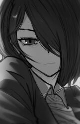 1girl black_hair formal_clothes greyscale hair_over_one_eye highres looking_at_viewer medium_hair monochrome non-web_source original sketch solo suit white_background