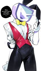 Rule 34 | 1boy, animal ears, ant tenna, asd1565326, black pants, bow, bowtie, cowboy shot, crt, deltarune, english text, fake animal ears, fangs, gloves, highres, male focus, male playboy bunny, object head, open mouth, pants, pointy nose, rabbit ears, red vest, shirt, solo, sweat, tail, vest, white background, white gloves, white shirt, yellow bow, yellow bowtie