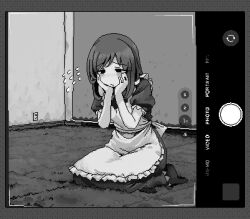 1girl alternate_costume apron blush border carpet closed_mouth dithering dress enmaided fake_phone_screenshot fake_screenshot flying_sweatdrops frilled_apron frills greyscale hamsterfragment hands_on_own_cheeks hands_on_own_face hands_up indoors jaggy_lines long_dress lowres maid medium_hair monochrome no_shoes original puffy_short_sleeves puffy_sleeves short_sleeves sitting solo suicidal_girl_(hamsterfragment)