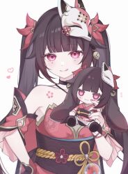 bell black_choker black_sash butterfly-shaped_pupils choker criss-cross_halter dress flower_tattoo fox_mask gun halterneck handgun highres honkai:_star_rail honkai_(series) m_op8 mark_under_both_eyes mask mask_on_head neck_bell o-ring red_dress red_sleeves revolver sash snubnosed_revolver sparkle_(honkai:_star_rail) symbol-shaped_pupils tattoo weapon