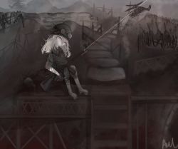 1girl absurdres aiu_. bad_id bad_pixiv_id bandages battle blood gun hair_between_eyes highres military military_uniform original ruins scenery solo war weapon wide_shot