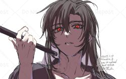 1boy ahoge black_hair brown_hair collarbone dated dizi eyelashes flute hair_between_eyes hair_down half_updo hand_up holding holding_flute holding_instrument instrument kimako_(kimako_8) long_hair looking_at_viewer male_focus modao_zushi official_alternate_hairstyle over_shoulder parted_lips portrait red_eyes sidelocks simple_background sketch solo transverse_flute twitter_username upper_body watermark wei_wuxian wei_wuxian_(yiling_laozu) white_background