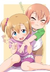 &gt;_&lt; 2girls :3 aged_down blue_eyes blush border brown_hair closed_mouth hands_up highres hoshizora_rin hug hug_from_behind kneeling kosaka_honoka love_live! love_live!_school_idol_project multiple_girls one_side_up open_mouth orange_hair outside_border pink_shirt pink_shorts sen_(sen0910) shirt short_hair short_sleeves shorts simple_background sitting skirt smile translation_request v white_border white_shirt yellow_background yellow_skirt