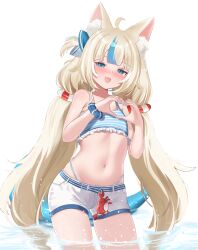 1girl :d absurdres ahoge andrl animal_ear_fluff animal_ears belt bikini bikini_under_clothes bikini_under_shorts blonde_hair blue_belt blue_bikini blue_bow blue_eyes blue_hair blunt_bangs bow cat_ears cowboy_shot fins fish_girl fish_tail flat_chest frilled_bikini frills hair_bow heart heart_hands highleg highleg_bikini highres indie_virtual_youtuber kaniki_(sameko_saba) lifebuoy_hair_ornament long_hair looking_at_viewer low_twintails multicolored_hair navel one_side_up open_mouth sameko_saba short_shorts shorts simple_background smile solo streaked_hair striped_bikini striped_clothes swimsuit tail twintails very_long_hair virtual_youtuber wading white_background white_hair white_shorts