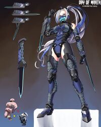 1girl absurdres android arm_blade armor bare_shoulders black_armor blue_armor blue_eyes blue_hair chibi chibi_inset combat_knife cyberpunk cyborg day_of_wrath_(infinitypilot) demon doom_(series) doom_eternal dual_wielding energy_blade energy_weapon fangs futuristic_weapon glowing glowing_eyes glowing_weapon gluteal_fold half_mask hell_knight hexagon_print highres holding joints kanchou knife long_hair mask mechanical_arms mechanical_legs mouth_mask multicolored_hair ninja oni oni_mask ponytail robot_girl robot_joints science_fiction substance20 very_long_hair weapon white_hair