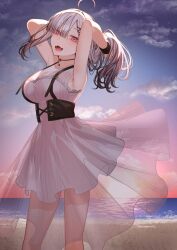 1girl ahoge blush breasts corset dress embroidered frilled_corset frills gomo grey_hair hair_ornament hair_over_one_eye highres large_breasts long_hair looking_at_viewer mole mole_under_eye nijisanji open_mouth pink_eyes smile solo sukoya_kana sukoya_kana_(5th_costume) virtual_youtuber wrist_cuffs x x_hair_ornament