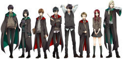 1girl 6+boys aged_down animification annotated arms_at_sides black_hair blonde_hair blouse bob_cut book brothers brown_hair chocolate collared_shirt crossed_arms everyone frown glasses green_necktie grin hand_in_own_hair hand_in_pocket harry_potter_(series) hogwarts_school_uniform hood hooded_coat james_potter kneehighs legs_apart lily_evans lineup long_hair low_ponytail lucius_malfoy messy_hair multiple_boys nakagawa_waka necktie own_hands_together peter_pettigrew ponytail red_hair red_necktie regulus_arcturus_black regulus_black remus_lupin school_uniform severus_snape shaded_face shirt siblings side_ponytail simple_background sirius_black skirt sleeves_rolled_up smile socks spiked_hair standing sweater_vest wand white_background white_shirt wizarding_world