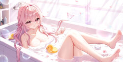 Rule 34 | 1girl, absurdres, barefoot, bathing, bathtub, bencao gangmu (anquan sy), blush, breasts, bug, butterfly, collarbone, commentary request, feet, highres, indoors, insect, large breasts, long hair, looking at viewer, original, parted lips, partially submerged, pink eyes, pink hair, rubber duck, smile, soles, thighs, toes, water, wet