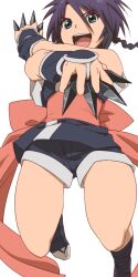1girl aonori_misuji between_fingers black_hair blue_shorts braid foot_out_of_frame holding holding_kunai holding_weapon japanese_clothes kunai long_hair looking_at_viewer makimachi_misao ninja open_mouth rurouni_kenshin sash shorts simple_background single_braid smile solo weapon white_background