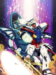 battle_damage commentary damaged electricity fighting fins g_gundam glowing glowing_hand green_eyes gundam holding holding_polearm holding_weapon joints mecha mermaid_gundam mobile_suit neogeon polearm purple_eyes robot robot_joints science_fiction shining_finger shining_gundam smoke trident v-fin weapon