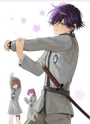 1boy 2girls absurdres black_necktie brown_hair closed_eyes closed_mouth commentary cross-body_stretch fsmaichobpeg0 grey_jacket grey_pants grey_skirt hair_ribbon highres holding holding_sword holding_weapon jacket jewelry kirishima_eriko medium_hair multiple_girls necklace necktie open_mouth pants persona persona_1 purple_eyes purple_hair rapier red_ribbon ribbon school_uniform sheath sheathed short_hair simple_background skirt smile sonomura_maki standing star_(symbol) sword toudou_naoya weapon white_background yawning