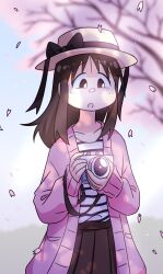 1girl azumanga_daiou black_eyes boater_hat bow brown_bow brown_hair brown_skirt camera cherry_blossoms falling_petals farhan_melukis grass holding holding_camera jacket kasuga_ayumu looking_down petals pink_jacket pleated_skirt ribbed_jacket shining shirt skirt sky spring_(season) striped_clothes striped_shirt