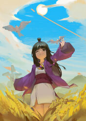 1girl absurdres ace_attorney bird black_hair blunt_bangs brown_eyes closed_mouth cloud commentary_request day hair_bobbles hair_ornament hanten_(clothes) highres jacket japanese_clothes jewelry kimono long_hair long_sleeves looking_at_viewer magatama magatama_necklace maya_fey necklace one_eye_closed outdoors outstretched_arms pink_sash purple_jacket sash short_kimono sky smile solo standing sterlank sun topknot wheat_field white_kimono wide_sleeves