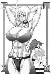 2girls angel_(kof) arms_up breasts covered_erect_nipples curvy female_focus huge_breasts large_breasts leona_heidern long_hair looking_at_viewer multiple_girls muscular muscular_female pale_skin panties ponytail shirt short_hair smile socks standing tank_top the_king_of_fighters thick_thighs thighs tight_clothes toned toned_female underwear wide_hips