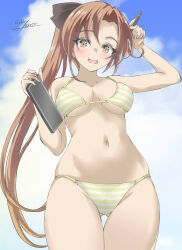 1girl akigumo_(kancolle) bikini blue_sky bow breasts brown_bow brown_eyes brown_hair cloud dated drawing_tablet gakky gluteal_fold hair_bow highres holding holding_stylus kantai_collection long_hair medium_breasts navel signature sky solo striped_bikini striped_clothes stylus swimsuit thigh_gap yellow_bikini