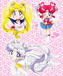 3girls angel_wings bad_id bad_twitter_id beads bishoujo_senshi_sailor_moon bishoujo_senshi_sailor_moon_stars blonde_hair blue_eyes blue_sailor_collar blue_skirt bow bowtie brooch chibi_chibi choker closed_mouth commentary crescent crescent_earrings crescent_facial_mark cropped_torso dot_nose double_bun dress dual_persona earrings elbow_gloves english_commentary eternal_sailor_moon eyelashes facial_mark feathered_wings floating_hair forehead_mark gloves gold_earrings grey_hair hair_beads hair_bun hair_ornament happy heart heart-shaped_hair heart_brooch heart_choker heart_hair_ornament heart_wand highres holding holding_staff honeymoonpetal jewelry leotard light_blush lipstick long_hair looking_at_viewer looking_back magical_girl makeup miniskirt multiple_girls official_style one_eye_closed outline parted_bangs pink_background pink_brooch pink_lips pink_sleeves pleated_skirt puffy_short_sleeves puffy_sleeves red_bow red_bowtie red_choker red_hair ringlets sailor_chibi_chibi sailor_collar sailor_cosmos sailor_moon sailor_senshi_uniform short_sleeves skirt sleeved_leotard smile staff star_(symbol) star_earrings tareme tsukino_usagi twintails very_long_hair white_bow white_bowtie white_choker white_dress white_gloves white_leotard white_outline white_wings wing_hair_ornament wings