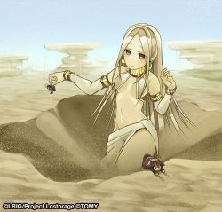 10s 3girls ant antennae arthropod_girl bug cleiooo earrings female_focus giant giantess gold holding insect jewelry mini_person minigirl monster_girl multiple_girls navel sand wixoss