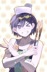 Rule 34 | &gt; o, 1boy, ;d, ball, bare arms, bare shoulders, basketball (object), black hair, bright pupils, checkered clothes, checkered shirt, chef hat, chinese commentary, collarbone, commentary request, czorimu, double-parted bangs, flat top chef hat, grin, hair behind ear, hair between eyes, hat, hector (omori), highres, holding, kel (headspace) (omori), kel (omori), light particles, looking at viewer, male focus, multicolored shirt, omori, one eye closed, open mouth, orange outline, outline, pale skin, pink pupils, purple eyes, rock, shirt, short hair, simple background, sleeveless, sleeveless shirt, smile, solo, upper body, w, white background, white hat