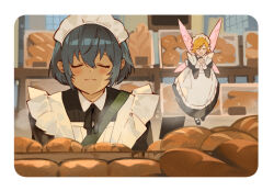 1boy 1girl alternate_costume apron bakery black_dress blonde_hair blue_hair blush border bread closed_eyes closed_mouth crossdressing dark-skinned_female dark_skin dress fairy fairy_wings food frilled_apron frills full_body gallica_(metaphor:_refantazio) indoors lirica loaf_of_bread maid maid_headdress metaphor:_refantazio mini_person minigirl open_mouth own_hands_clasped own_hands_together pointy_ears protagonist_(metaphor:_refantazio) shop short_hair smelling smile upper_body white_apron wings