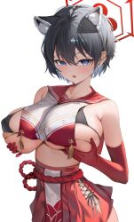 1girl absurdres animal_ear_fluff animal_ears bare_shoulders black_bra black_hair blue_archive blue_eyes blush bra breasts clothing_request collarbone commentary elbow_gloves gloves grabbing_own_breast hair_between_eyes halo highres huge_breasts looking_at_viewer micro_bra parted_lips pleated_skirt red_gloves red_halo red_skirt shuvi_(shuvi1125) simple_background skirt solo tsubaki_(blue_archive) underwear white_background