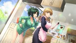 2girls :o apron ayato_utae blonde_hair blue_sky blunt_bangs blush breasts chocolate cleavage cloud collared_shirt dolphin_wave food fruit game_cg green_eyes green_hair hand_on_own_hip harunami_anri highres kettle kitchen large_breasts licking licking_finger long_sleeves mixing_bowl mole mole_under_eye multiple_girls naked_shirt non-web_source official_art ootomo_takuji pink_apron ponytail shirt sky sparkle spatula strawberry table tongue tongue_out wavy_hair yellow_eyes