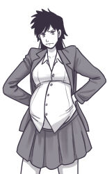 1girl arisawa_tatsuki black_hair bleach closed_mouth commission commissioner_upload frown grey_jacket grey_skirt hands_on_own_hips highres jacket looking_at_viewer monochrome olympic-dames pregnant school_uniform short_hair skirt solo spiked_hair tomboy