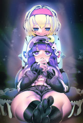 2girls :&gt; alice_margatroid bad_feet black_socks blonde_hair blue_dress breasts bright_pupils closed_mouth crescent crescent_hat_ornament dress eye_contact eyebrows_hidden_by_hair foreshortening gradient_background hairband hakkasame hat hat_ornament highres kneehighs large_breasts leaning_back long_hair looking_at_another midriff mob_cap multiple_girls navel no_shoes patchouli_knowledge purple_background purple_eyes purple_hair purple_headwear red_hairband short_hair shorts simple_background sitting socks star_(symbol) thick_thighs thighs touhou