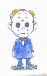 1boy akahanadragon blonde_hair bow bowtie facing_viewer formal_clothes full_body hockey_mask mask mother_(series) mother_2 nintendo solo standing suit traditional_media
