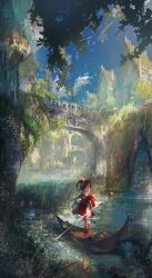 animal_ears black_bow blonde_hair boat boots bow bowtie cat_ears cat_girl collared_dress commentary dress frilled_dress frilled_sleeves frills hat highres kneehighs koyamanatsu long_sleeves original overgrown paddling plant red_dress red_eyes red_hat red_socks river scenery socks watercraft witch_hat
