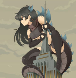 1girl adelaide_productions black_boots black_bra black_hair black_panties boots bra breasts building centropolis_entertainment centropolis_television columbia_tristar_television giant giantess godzilla:_the_series godzilla_(series) godzilla_the_series high_heel_boots high_heels highres large_breasts long_hair md5_mismatch monster_girl orange_eyes panties personification raps_(yohomeboyraps) resolution_mismatch skyscraper solo source_smaller tail thigh_boots thighhighs underwear zilla_jr.