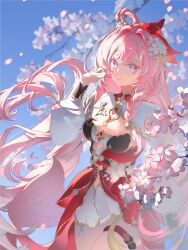 1girl absurdres bell buchuhutaobugaiming check_commentary commentary_request dress elf elysia_(herrscher_of_human:_ego)_(honkai_impact) elysia_(honkai_impact) elysia_(peachy_spring)_(honkai_impact) flower hair_bell hair_flower hair_ornament highres honkai_(series) honkai_impact_3rd long_hair looking_at_viewer pink_hair pointy_ears purple_eyes smile symbol-shaped_pupils very_long_hair