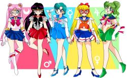 1990s_(style) 5girls aino_minako anklet aqua_hair arm_belt armor back_bow back_ribbon bad_id bad_twitter_id bare_legs bead_bracelet bead_choker beads belt bishoujo_senshi_sailor_moon black_bow black_bowtie black_hair blue_bow blue_choker blue_eyes blue_sailor_collar blue_shoes blue_skirt boots border bow bowtie bracelet bright_pupils brooch buttons choker circlet closed_mouth collar colorful_background commentary crescent crescent_earrings crescent_ring cropped_shirt crossed_legs derivative_work detached_collar dot_nose double_bun earrings elbow_gloves english_commentary eyelashes faux_retro_artstyle feather-trimmed_skirt full_body gloves green_boots green_collar green_hair green_skirt hair_bow hair_bun hair_ornament headset heart heart_in_eye high-waist_skirt high_collar high_heel_boots high_heels hino_rei holding holding_mask honeymoonpetal jewelry jupiter_symbol kino_makoto knee_boots leg_up light_blush long_hair long_sleeves looking_at_viewer magical_girl mars_symbol mask masquerade_mask mercury_symbol midriff miniskirt mizuno_ami multiple_belts multiple_girls navel neckerchief official_style one_eye_closed open_mouth orange_eyes orange_neckerchief outside_border parted_bangs pauldrons pink_bow pink_bowtie pink_hair pink_ribbon pleated_skirt ponytail prototype_design pumps red_belt red_bow red_bowtie red_choker red_eyes red_mask red_ribbon red_sailor_collar red_shoes red_skirt retro_artstyle ribbon ring sailor_collar sailor_jupiter sailor_mars sailor_mercury sailor_moon sailor_venus school_uniform serafuku shirt shoe_belt shoes short_hair short_sleeves shoulder_armor skirt sleeveless sleeveless_shirt smile sphere_earrings standing star_(symbol) star_earrings stiletto_heels straight-on straight_hair symbol_in_eye tareme tsukino_usagi tsurime venus_symbol very_long_hair wavy_hair white_boots white_border white_gloves white_mask white_pupils white_shirt wrist_ribbon