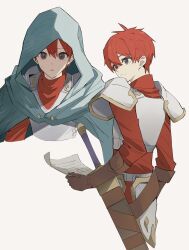 1boy absurdres adol_christin ancient_ys_vanished armor brown_eyes brown_gloves cape double-parted_bangs george_man gloves grey_background hair_between_eyes highres holding holding_paper hood hooded_cape male_focus paper pauldrons red_hair short_hair shoulder_armor simple_background solo sword weapon ys
