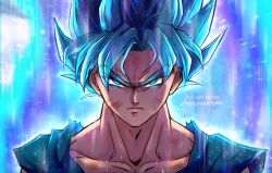 1boy absurdres blue_background blue_eyes blue_hair closed_mouth collarbone commentary dirty dirty_face dragon_ball dragon_ball_super glaring highres hydeover9000 looking_at_viewer male_focus short_hair solo son_goku spiked_hair super_saiyan super_saiyan_blue twitter_username upper_body