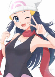1girl aoneko4ao_(edwf7745) beanie black_shirt blue_eyes blue_hair bracelet commentary_request dawn_(pokemon) hat highres jewelry long_hair nintendo one_eye_closed pink_skirt pokemon pokemon_dppt red_scarf scarf shirt skirt smile solo v watermark white_background