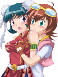 2girls amano_madoka aqua_eyes bare_shoulders beyblade blush breast_envy breasts brown_hair china_dress chinese_clothes dress grabbing_another&#039;s_breast green_hair groping highres hug hug_from_behind medium_breasts mei_mei_(beyblade) metal_fight_beyblade multiple_girls open_mouth purple_eyes short_hair small_breasts takappe upper_body yuri