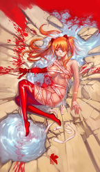 1girl artist_name bandaged_arm bandages blood blood_splatter blue_eyes boots breasts crack eyelashes eyepatch female_focus frown full_body hairpods highres injury interface_headset_(evangelion) intravenous_drip large_breasts liquid logo long_hair looking_at_viewer lying naked_bandage neon_genesis_evangelion nude on_back on_ground orange_hair puddle red_boots rock skindentation solo souryuu_asuka_langley tape thigh_boots thighhighs two_side_up wookyung