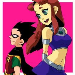 1boy 1girl alien animification armlet black_hair cape cartoon_network colored_skin dc_comics dick_grayson dramatica gorget green_eyes jewelry lowres mask midriff navel oekaki purple_skirt red_hair robin_(dc) skirt smile starfire teen_titans yellow_skin