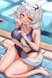 1girl absurdres animal_ears armpit_crease bare_shoulders barefoot blue_one-piece_swimsuit blush breasts brown_eyes cleavage collarbone commentary_request crying crying_with_eyes_open ear_covers ear_ornament ears_through_headwear feet grey_hair hair_between_eyes hair_ornament highres hishi_miracle_(umamusume) holding_own_tail horse_ears horse_girl horse_tail hugging_tail large_breasts legs looking_at_viewer medium_breasts medium_hair one-piece_swimsuit open_mouth pool poolside solo swimsuit tabunshake tail tears thighs toes umamusume war water yellow_eyes