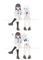 2girls absurdres anglediana bang_dream! bang_dream!_it&#039;s_mygo!!!!! black_socks blue_eyes blue_neckerchief blue_shirt brown_hair brown_shoes cellphone chinese_commentary commentary_request crossed_legs eating food food_on_face hanasakigawa_school_uniform heterochromia highres holding holding_ice_cream_cone holding_phone ice_cream ice_cream_cone kaname_raana kneehighs loafers mole mole_under_eye multiple_girls neckerchief phone pleated_skirt purple_eyes school_uniform serafuku shiina_taki shirt shoes short_hair short_sleeves skirt smartphone smile socks soft_serve white_hair white_shirt white_skirt white_socks yellow_eyes