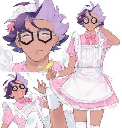 1boy alternate_costume apron banana_peel black-framed_eyewear bow bowtie closed_eyes commentary_request crossdressing dress fallen_down glasses grey_eyes hair_bow half-closed_eyes hand_up highres jacq_(pokemon) looking_at_viewer male_focus multicolored_hair nervous_smile nintendo one_eye_closed open_mouth pink_bow pink_bowtie pink_dress pokemon pokemon_sv short_sleeves simple_background smile sweatdrop thighhighs tudurimike two-tone_hair white_apron white_background white_thighhighs wrist_cuffs
