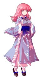 1girl alphes_(style) blue_bow blue_sash bow breasts butterfly_print_kimono closed_mouth commentary_request dairi frills full_body japanese_clothes large_variant_set long_hair long_sleeves medium_breasts parody pink_eyes saigyouji_yuyuko sash shoes smile solo standing style_parody tachi-e touhou transparent_background variant_set wide_sleeves wink_hair