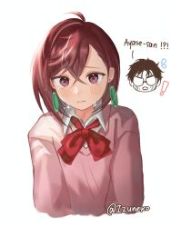 ! !? 1boy 1girl ayase_momo blush bow bowtie brown_eyes brown_hair closed_mouth collared_shirt commentary crossed_bangs dandadan earrings glasses hair_behind_ear hair_between_eyes highres izuneko jewelry kami_high_school_uniform looking_at_viewer loose_bowtie notice_lines pink_sweater red_bow red_bowtie round_eyewear school_uniform shirt short_hair simple_background straight-on sweater symbol-only_commentary takakura_ken_(dandadan) tears twitter_username upper_body white_background white_shirt