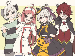 Rule 34 | 2boys, 2girls, :d, ahoge, androgynous, aqua eyes, aqua shirt, asymmetrical legwear, bandaid, bandaid on face, bandaid on nose, black capelet, black dress, black gloves, black pants, black shirt, blue thighhighs, border, bow, brown eyes, buttons, capelet, capelet bow, commentary request, cowboy shot, double-breasted, dress, fang, flower (vocaloid), flower (vocaloid3), fukase, garter straps, gloves, green background, green eyes, grin, hair ornament, hair over one eye, hairclip, halloween, halloween bucket, halloween costume, hand in pocket, hat, heterochromia, high ponytail, long hair, looking at viewer, looking to the side, mismatched legwear, multicolored dress, multiple boys, multiple girls, nurse, object through head, open mouth, orange bow, orange dress, pants, ponytail, purple bow, purple eyes, purple streaks, purple trim, red eyes, red hair, red vest, screw in head, sf-a2 miki, shirt, single garter strap, skc, smile, star (symbol), stitched face, stitches, striped clothes, striped shirt, thighhighs, utatane piko, vampire costume, vest, vocaloid, white border, white gloves, white hair, white thighhighs, witch, witch hat