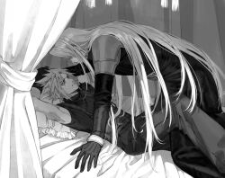 2boys armor arms_up bed belt cloud_strife coat curtains eye_contact final_fantasy final_fantasy_vii frilled_pillow frills gloves greyscale highres kneeling long_hair looking_at_another male_focus monochrome multiple_boys pants parted_bangs parted_lips pauldrons pillow sephiroth short_hair shoulder_armor sleeveless sleeveless_turtleneck spiked_hair suspenders turtleneck very_long_hair yakakaer yaoi